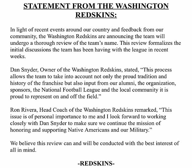 The Redskins say they will listen to input from team alumni, sponsors, and the local community