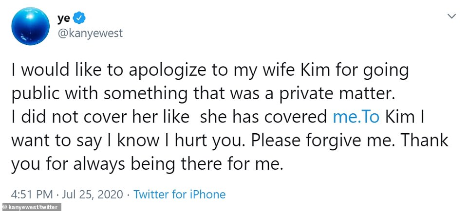 He said sorry: However, Kanye apologized to his wife in a tweet last week, amid reports that he went to hospital to be treated for anxiety