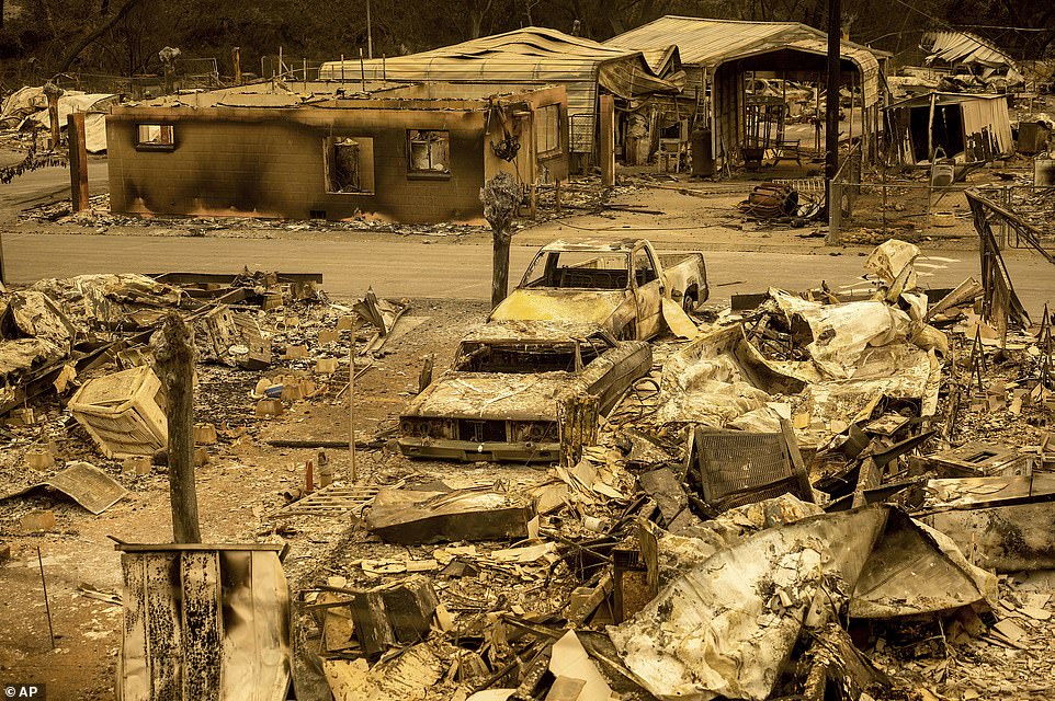 Scorched homes and vehicles fill Spanish Flat Mobile Villa following the LNU Lightning Complex fires in unincorporated Napa County, California. At least four civilians were injured in the fires in this area