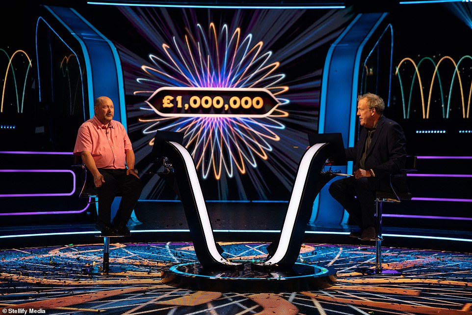 Donald Fear is pictured with host Jeremy Clarkson winning the highest prize on Who Wants to be a Millionaire