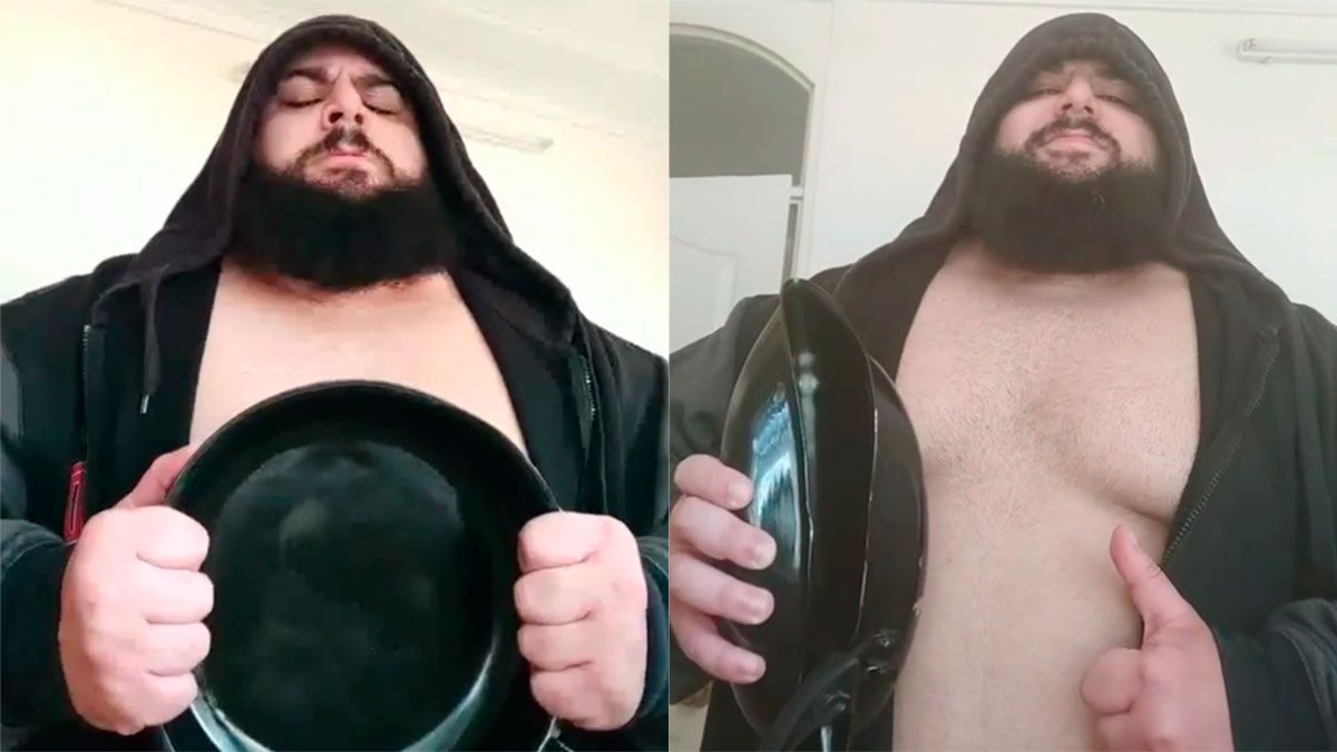 El Hulk iraní se entrena doblando sartenes