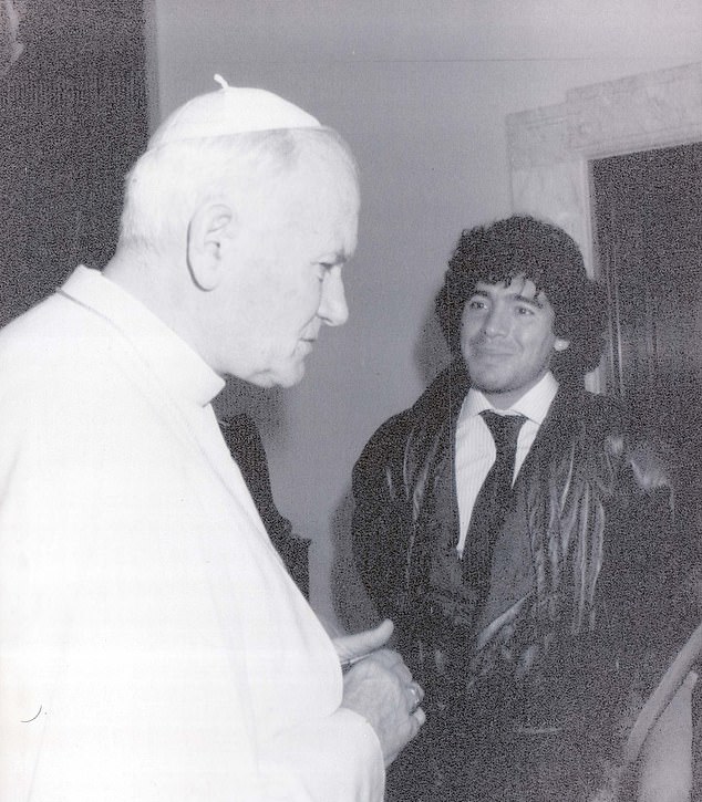 Maradona pictured during a private audience with Pope John Paul at the Vatican in 1985