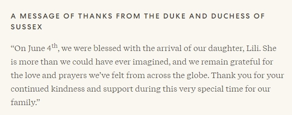 In a message of thanks on their Archewell website, Harry and Meghan said: