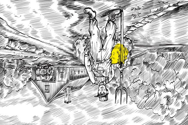 sketch of a farmer holding a pitchfork with barn in background. a woman's head was hidden in the image and is highlighted in yellow.