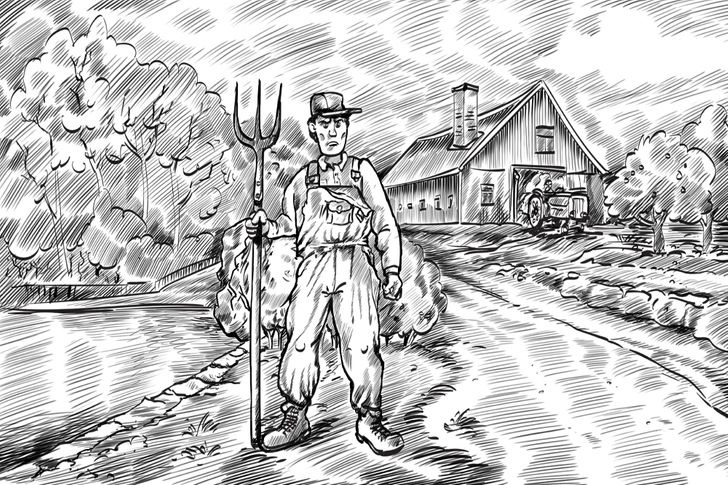 sketch of a farmer holding a pitchfork with barn in background. 