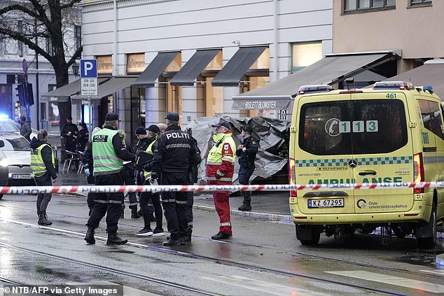 A man reportedly armed with a knife attacked passers-by on the streets of the Norwegian capital, Oslo, on Tuesday, before being shot dead by police, officials said (pictured, police at the scene)