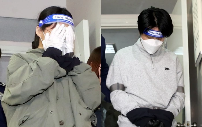 19일 인천지법에 모습을 드러낸 이은해(왼쪽)가 공범 조현수와 달리 두 손으로 얼굴을 가린 채 이동하고 있다. / 뉴스1