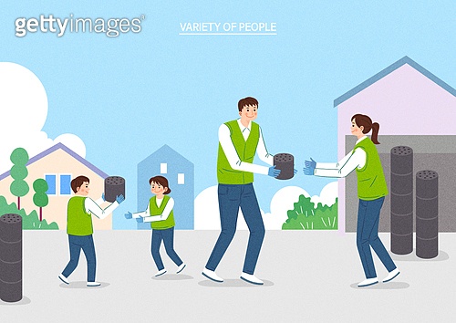 캐릭터, 일러스트, 직업, 사람들, 자원봉사자 (역할), 지역봉사활동 (사회복지), 연탄, 배달 이미지 (jv11349321) - 게티이미지뱅크