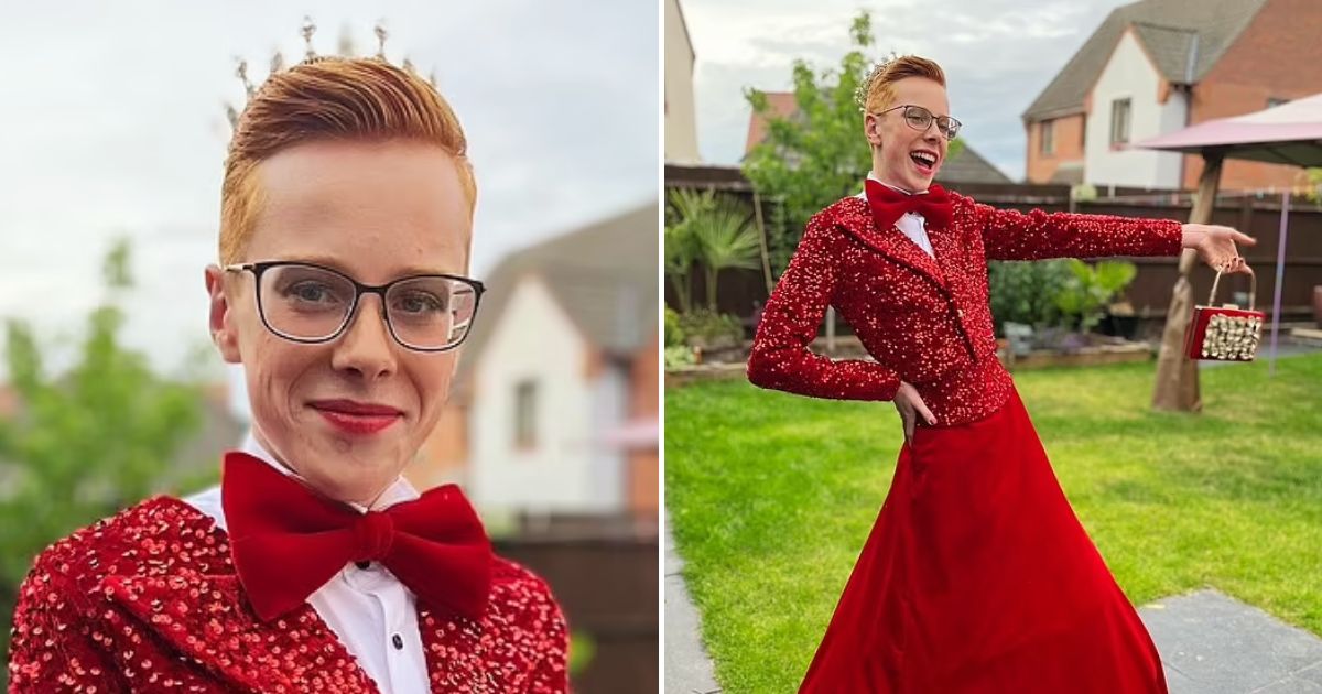 prom4.jpg - 16-Year-Old Boy Goes Viral For Wearing A Sequined Tuxedo Jacket And Bright Red Ballgown Skirt To His Prom