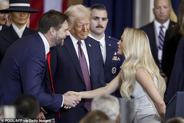 The singer, 41, is said to have laid down a list of requests, including a huge entourage and a handmade designer dress, ahead of the gig (pictured with Trump and JD Vance)