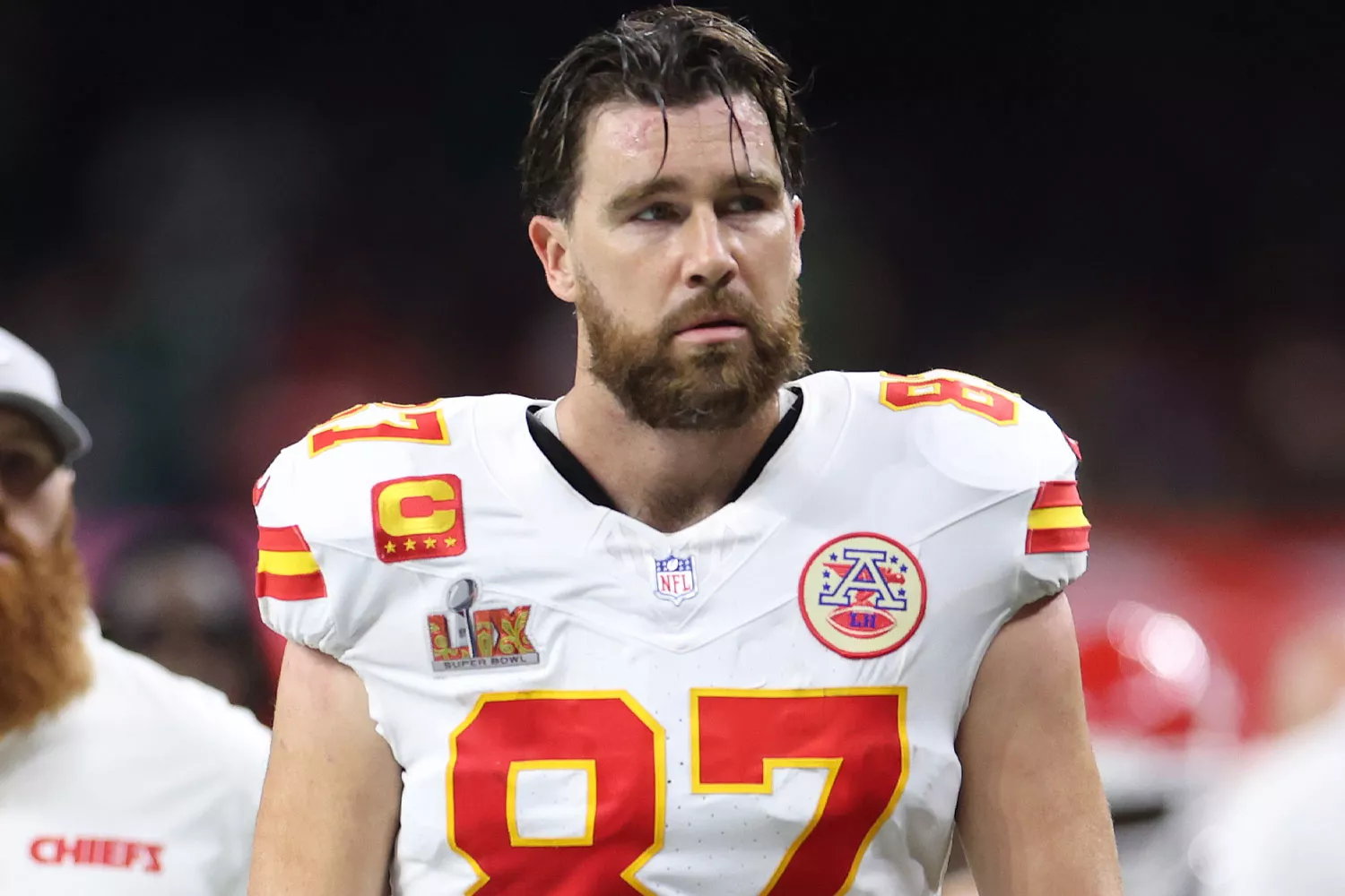 Travis Kelce of the Kansas City Chiefs walks off the field at half time against the Philadelphia Eagles during Super Bowl LIX at Caesars Superdome on February 09, 2025